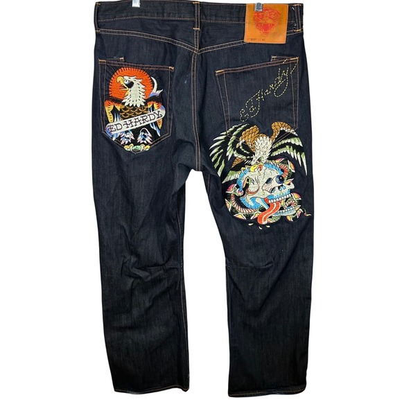 Vintage Ed Hardy Denim Jeans 40x34 Embroidered Eagle Skull‎ 2007 Button Fly Y2K